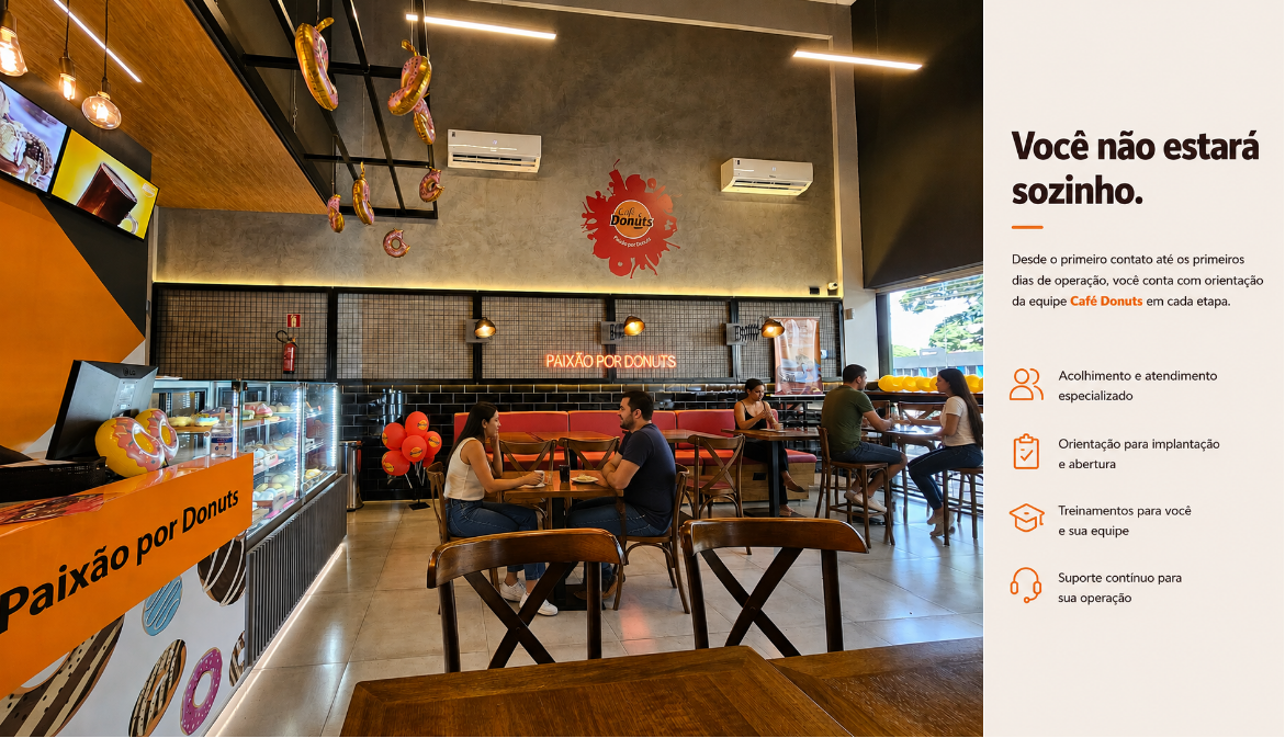 Vitrine Café Donuts com atendente